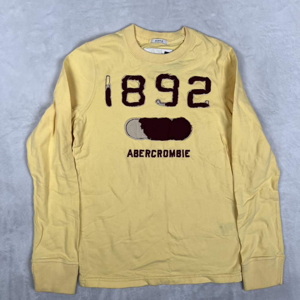 Abercrombie Long Sleeve T-Shirt Boys Large Yellow 1892 Logo Muscle Graphic Tee